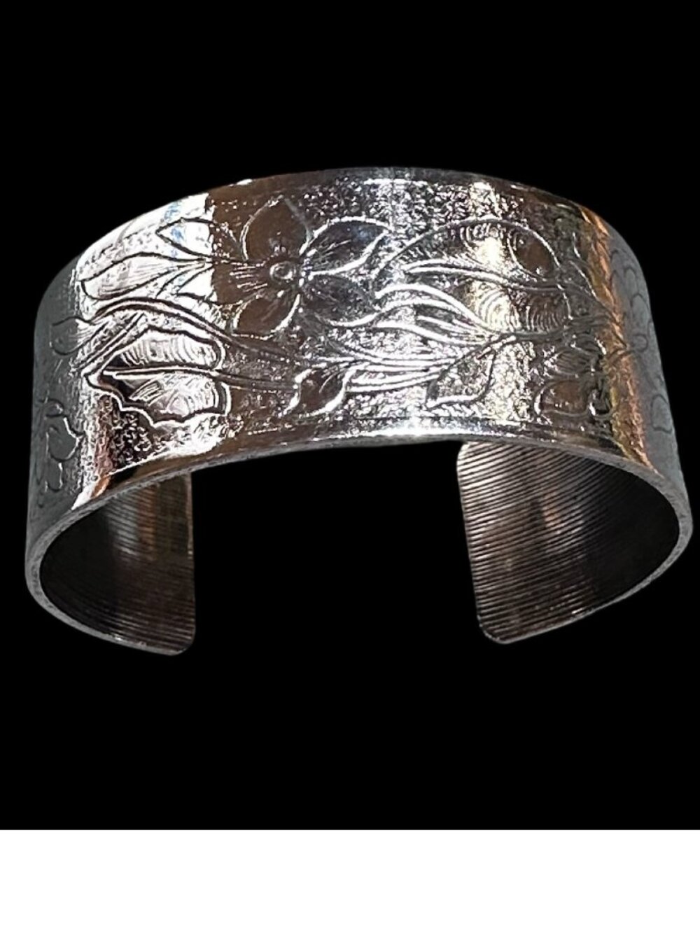 Floral Embossed Cuff Bracelet Silver Tone Boho Flowers Womens Costume Jewelry
